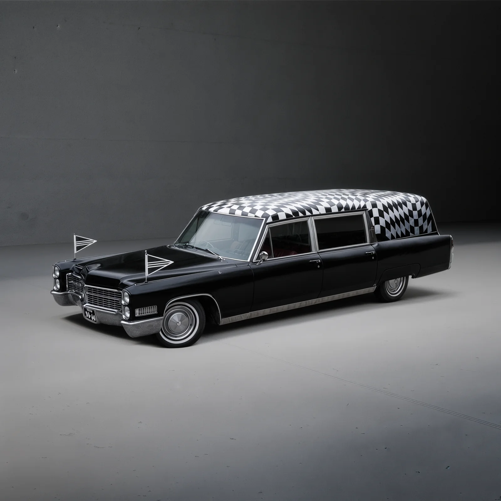 Zwarte Cadillac rouwauto uit 1966 met geblokt dak